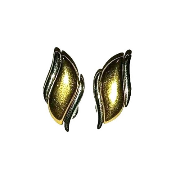 MONET Signed Vintage 70s Clip On Earrings Flame Wing Classic Gold  Silver Tone - Picture 3 of 13
